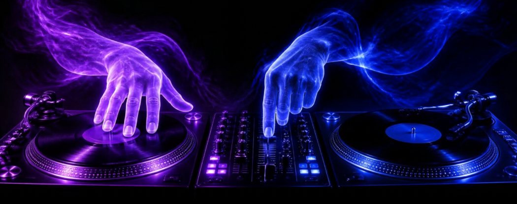 Two glowing hands, one purple and one blue, resting on turntables either side of a DJ mixer
